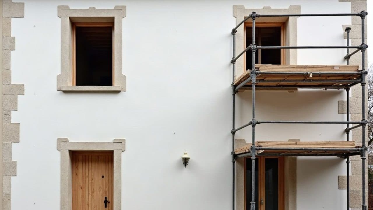 Échafaudage monté devant la façade d’une maison en cours de ravalement, volets fermés et encadrements de pierre apparents