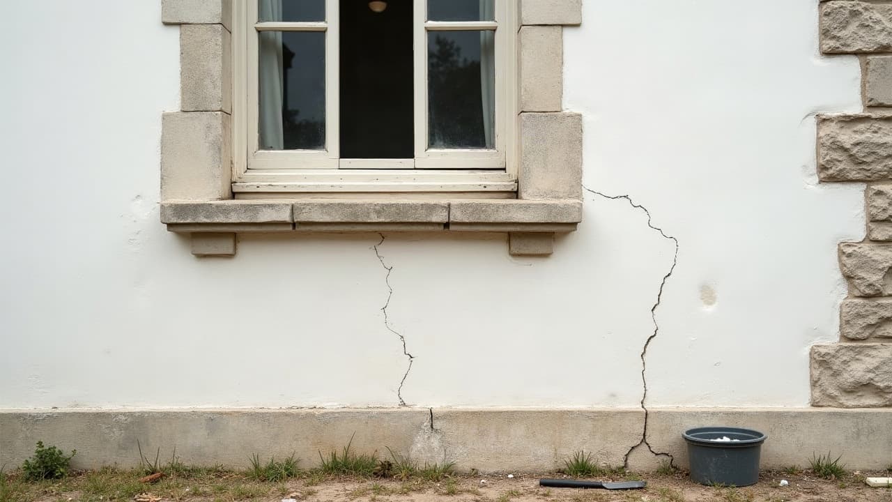 Deux fissures descendant de l’appui d’une fenêtre sur un mur enduit clair, jusqu’au soubassement