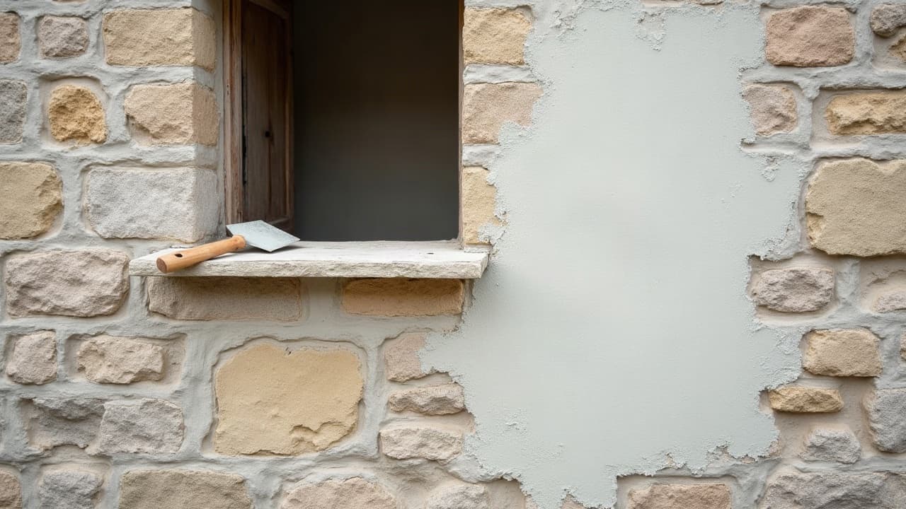 Mur de moellons calcaires autour d’une fenêtre, avec une plage d’enduit rapportée et une truelle posée sur l’appui