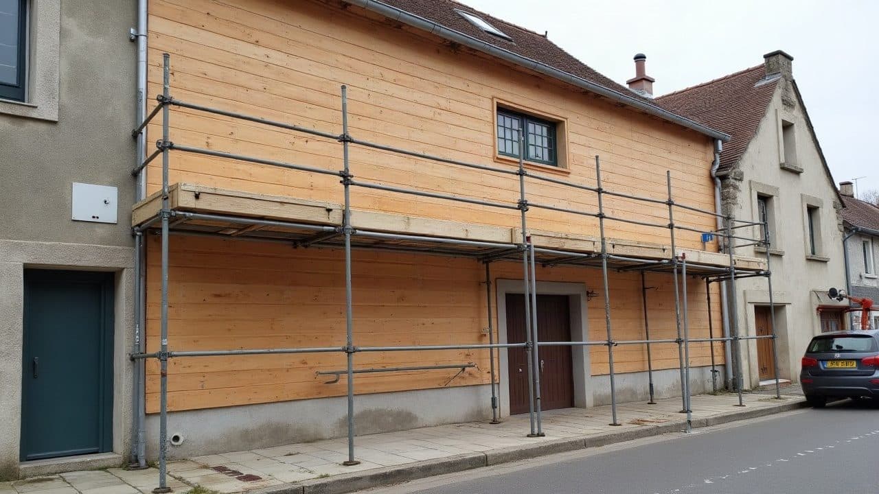 Lames de bardage bois horizontales posées sur la moitié d'un mur récent