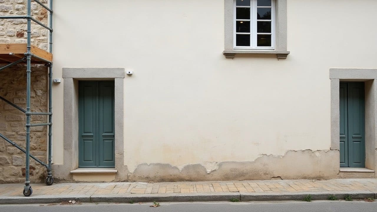Mur dont l'enduit neuf, clair et taloché, s'arrête net contre l'ancien crépi gris