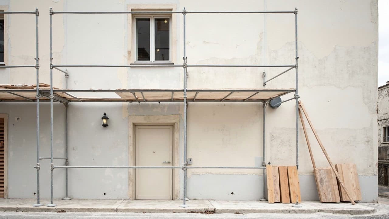 Façade dont une partie porte un enduit frais clair et l'autre l'ancien crépi