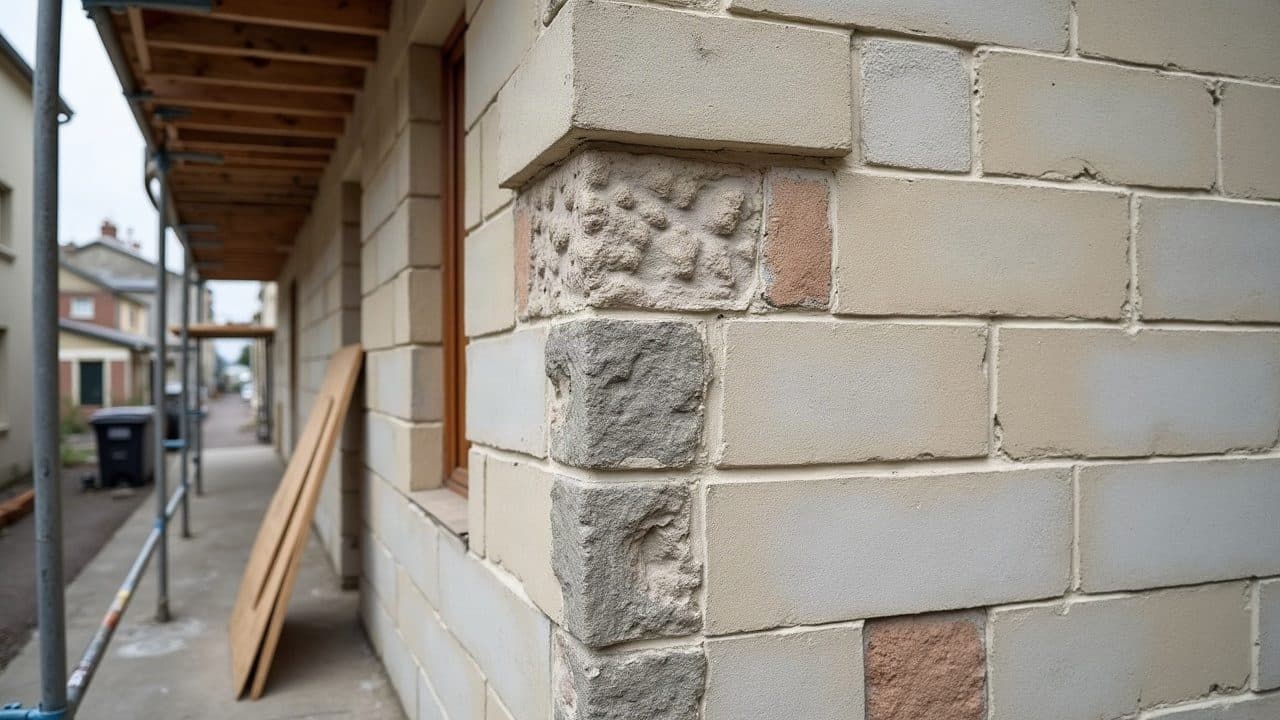 Chambranle de fenêtre en pierre calcaire dont un angle mouluré est repris au mortier de restauration