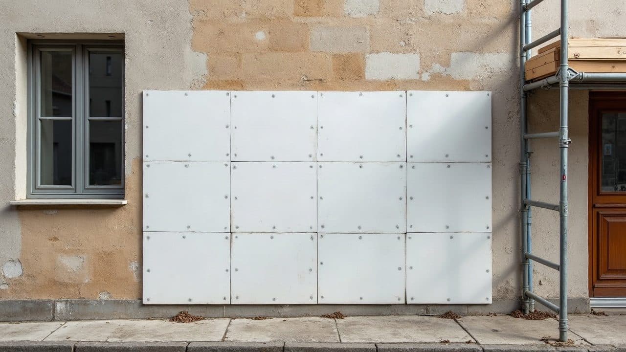 Panneaux isolants fixés contre un mur récent, avant la pose de l'enduit de finition