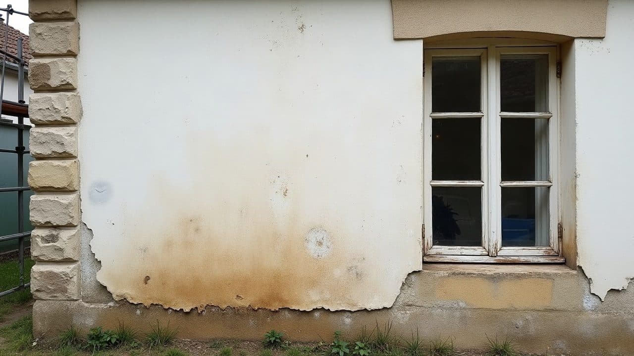 Mur encrassé de traces sombres et de coulures, avant nettoyage
