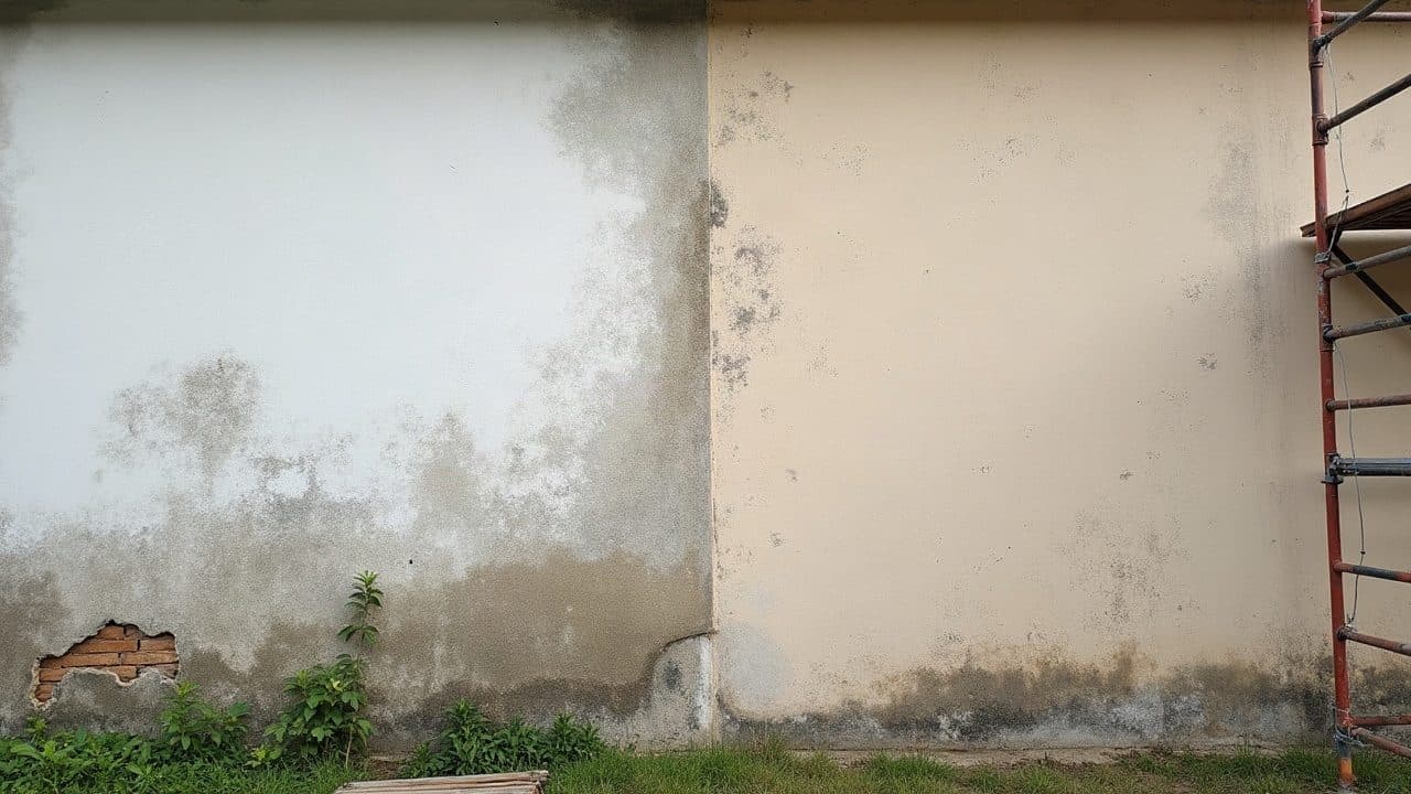 Mur dont une moitié vient d'être nettoyée et l'autre reste couverte de mousses