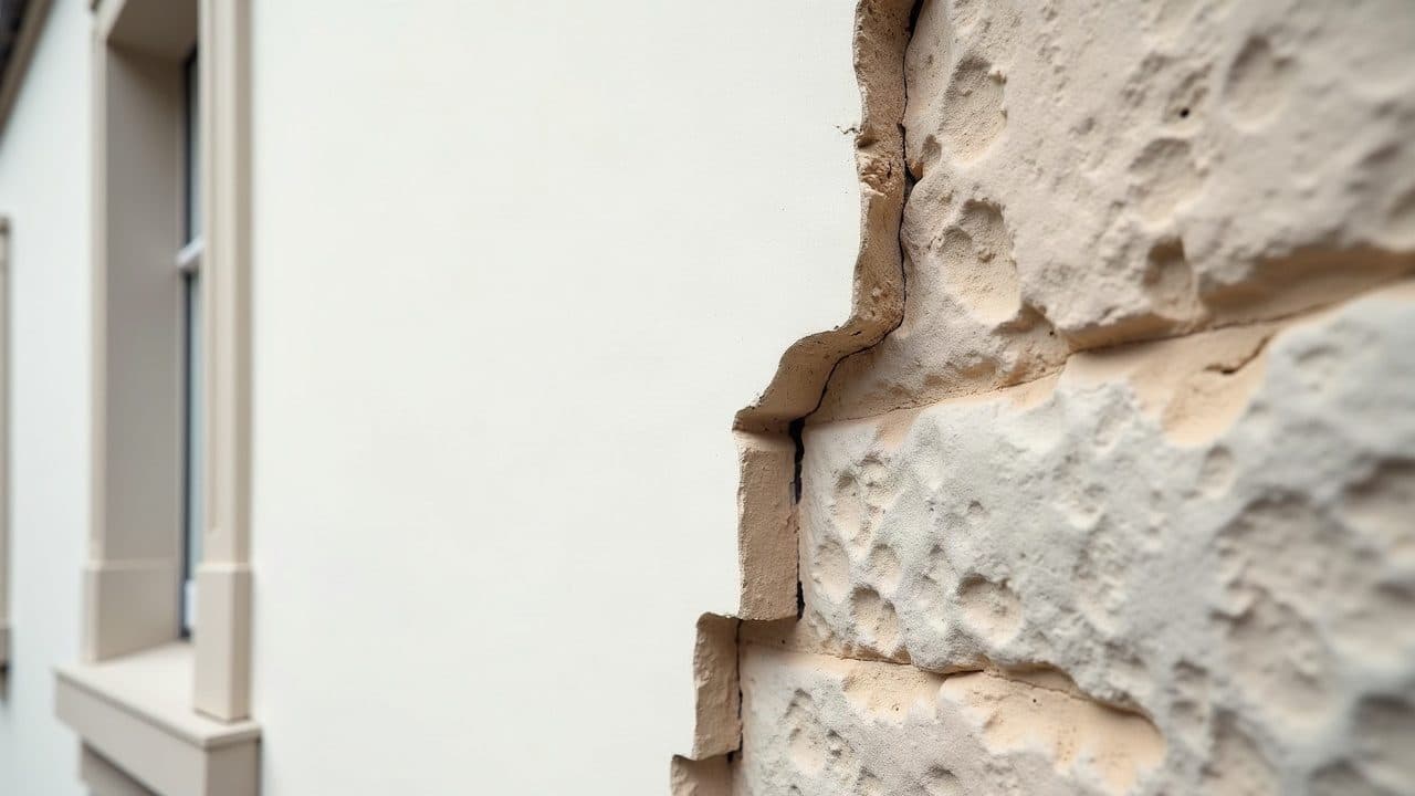 Fissure ouverte dans un mur, la matière écartée de part et d'autre
