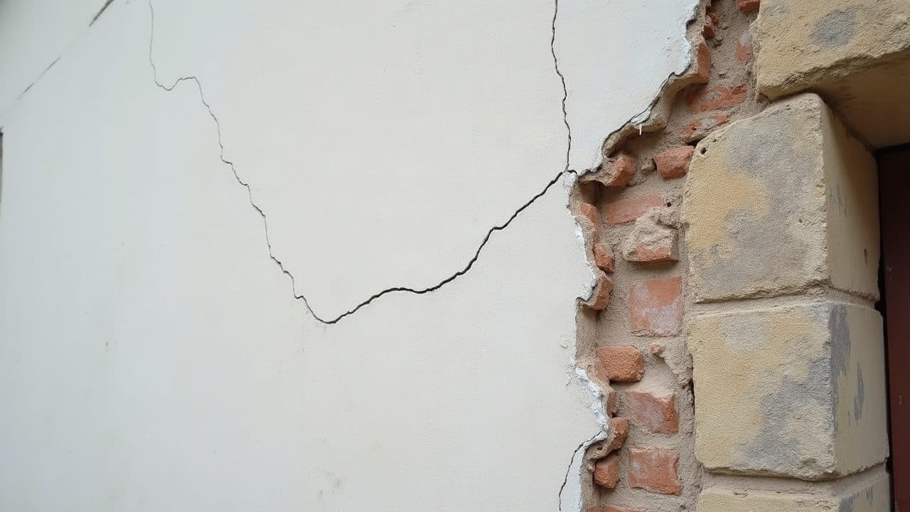 Fissure fine en escalier sur un enduit clair, près d'un encadrement de fenêtre