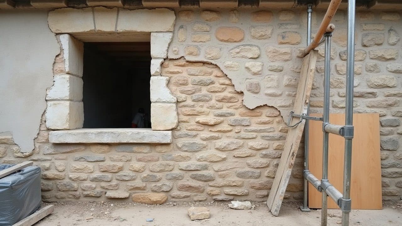 Façade en moellons de pierre calcaire à Avallon, chaînage d'angle en pierre de taille et fenêtre à linteau