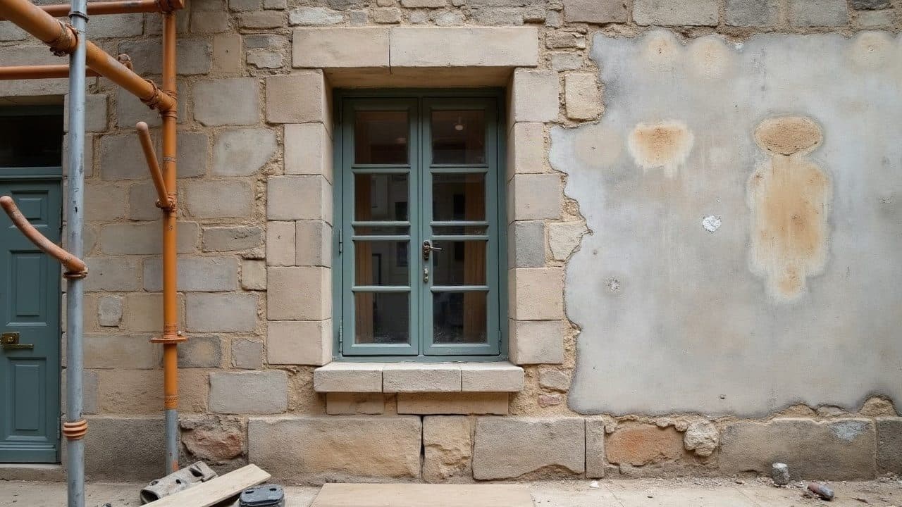 Encadrement de fenêtre en pierre dégagé de son enduit, le nouvel enduit clair s'arrêtant net sur l'arête de la pierre