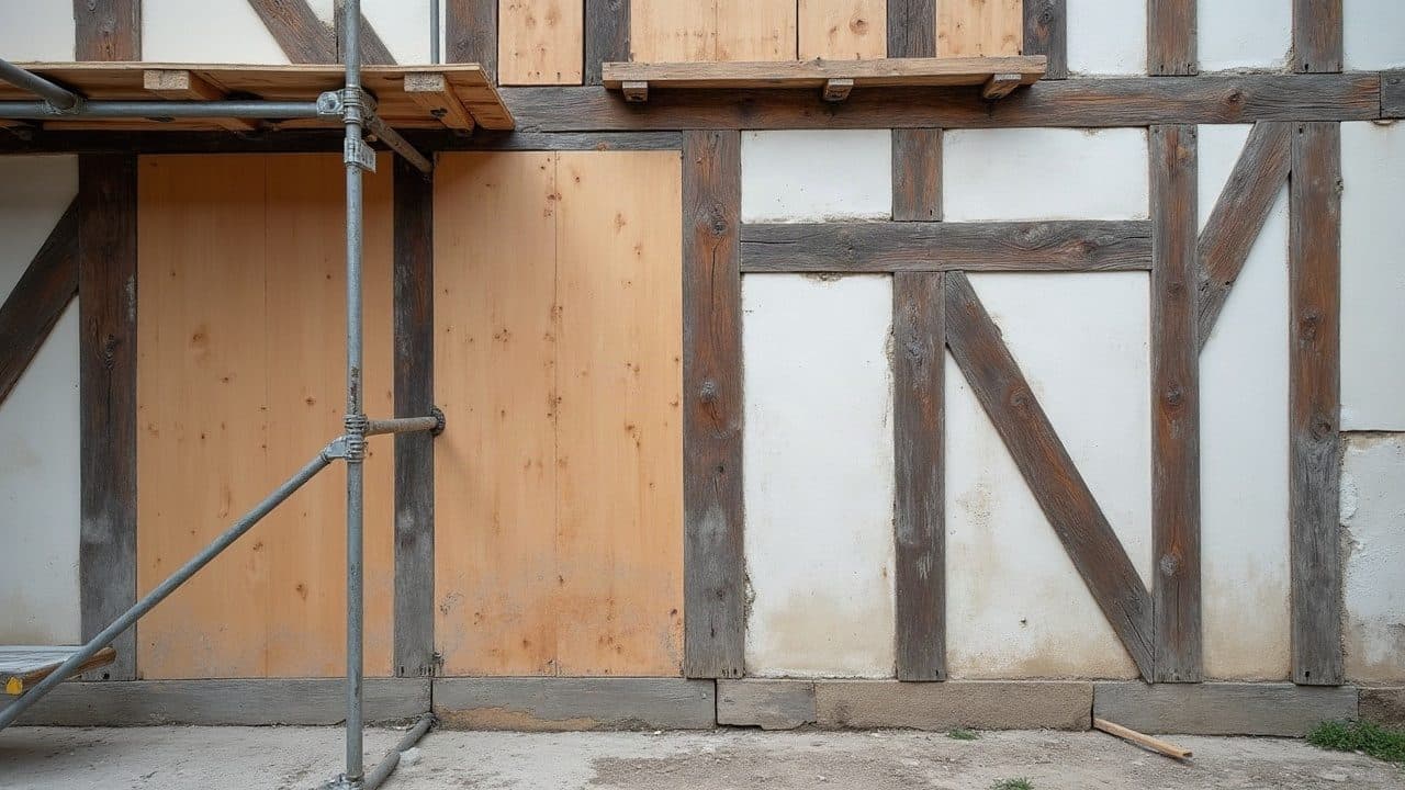 Pièce de bois d'un pan de bois remise à nu et brossée, le remplissage voisin repris en mortier clair