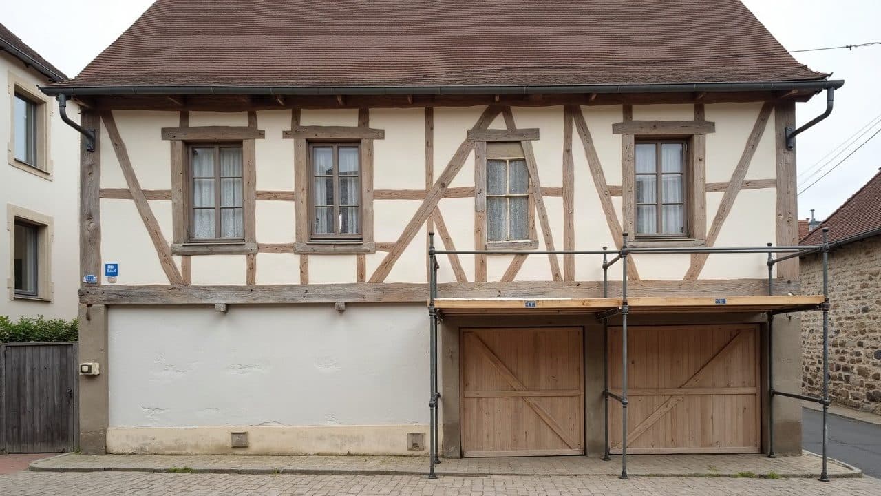 Maison à pans de bois de Joigny adossée à une rue en pente, remplissage clair entre les bois