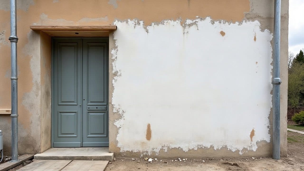 Mur d'enduit projeté dont une moitié vient d'être ravalée en teinte claire et l'autre reste grisée par le temps, la limite verticale et nette