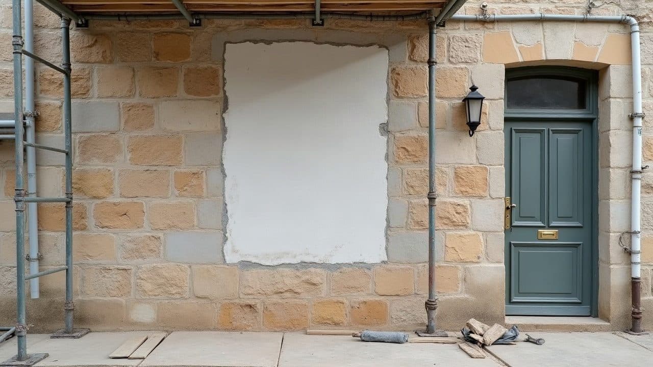 Limite nette entre un soubassement de pierre apparente et un enduit à la chaux beige fraîchement posé au-dessus