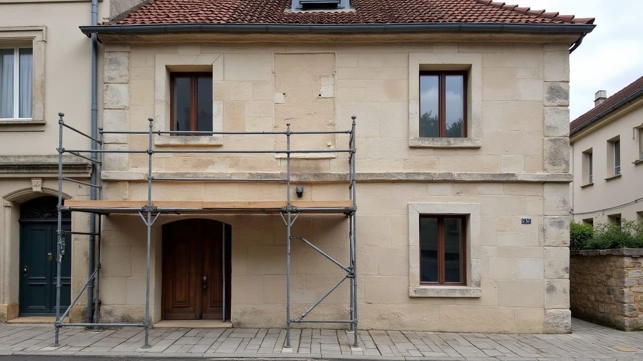 Façade de Saint-Florentin dont le bas reste en pierre apparente et le haut couvert d'un enduit à la chaux