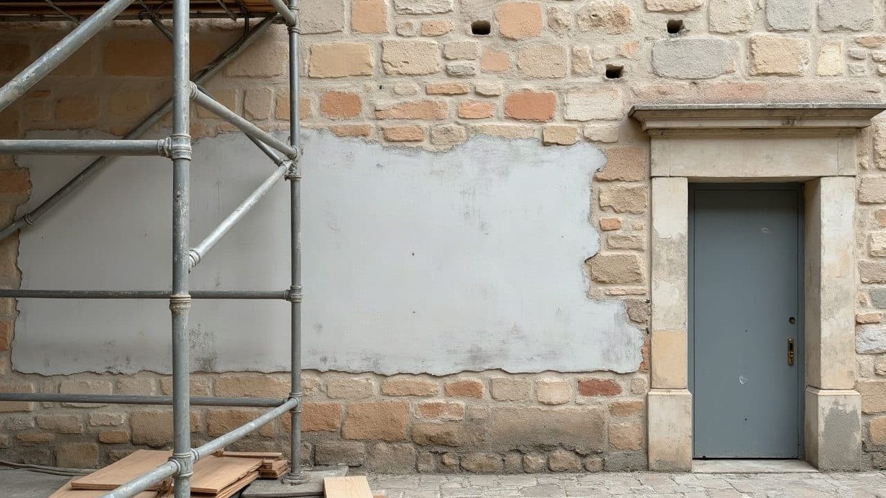 Bande d'enduit à la chaux fraîchement appliquée sur un mur de pierre calcaire appareillée, s'arrêtant net sur la pierre encore nue