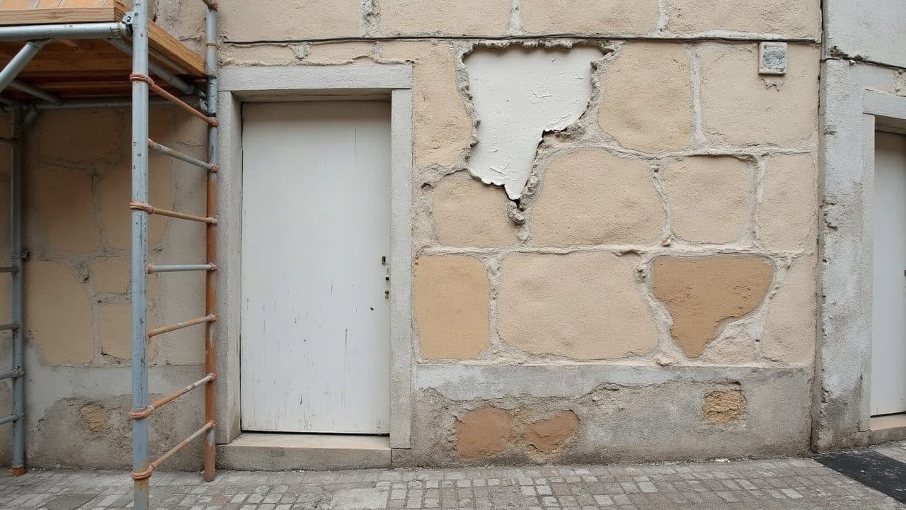 Joints creusés entre des pierres calcaires en cours de regarnissage, le mortier neuf posé sur la moitié du panneau seulement