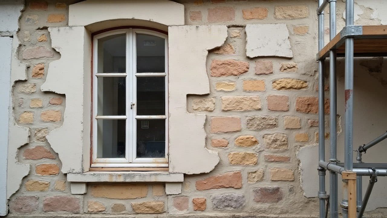 Façade en pierre calcaire claire de Tonnerre dont les joints se sont creusés entre les pierres
