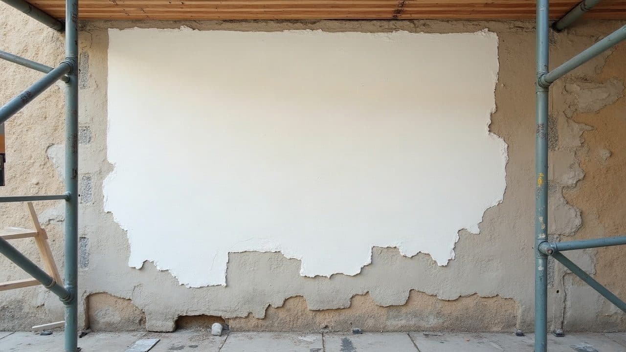 Bas de mur dont une moitié vient d'être lavée et ressort claire, l'autre restant couverte de traces vertes sombres