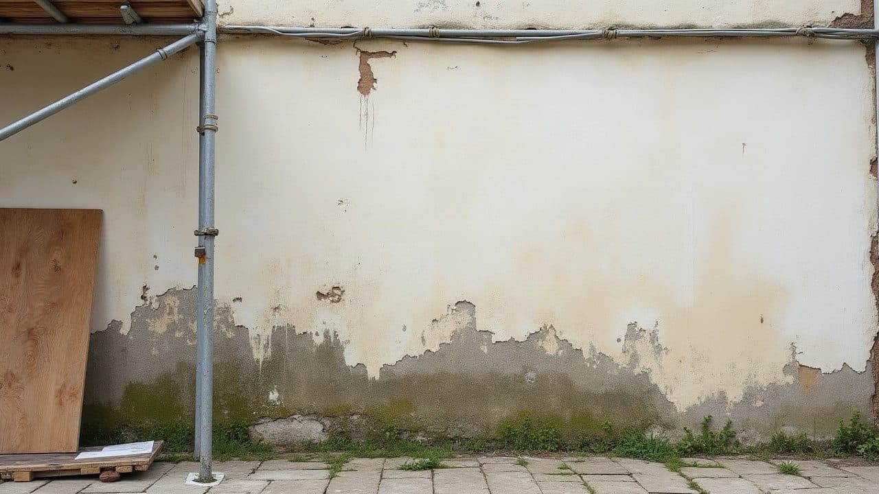 Bas d'une façade de Vermenton envahi de mousses vertes et de traces d'humidité remontant depuis le sol