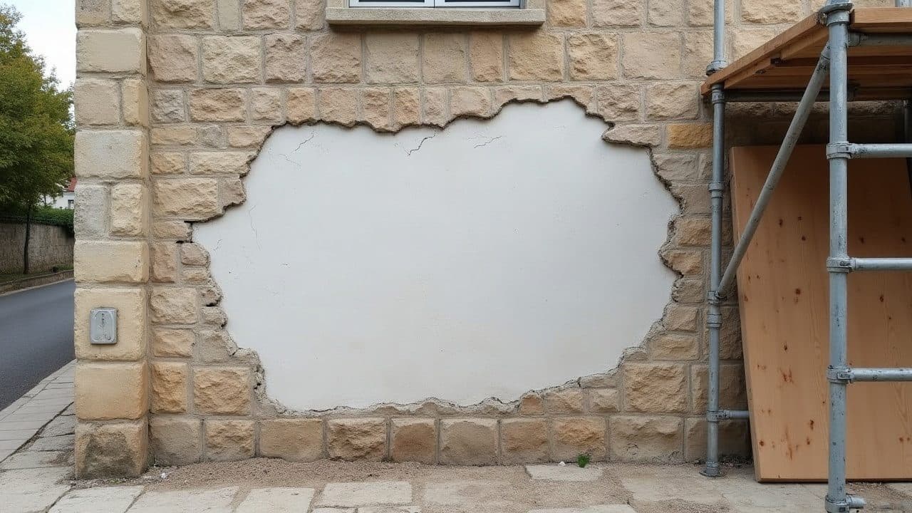 Plaque d'enduit décollée déposée, le moellon nu dégagé et brossé, prêt pour la reprise