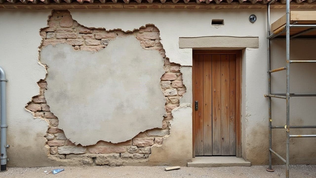 Mur de ferme en moellons à Villeneuve-la-Guyard dont l'enduit se décolle par plaques, laissant la pierre nue