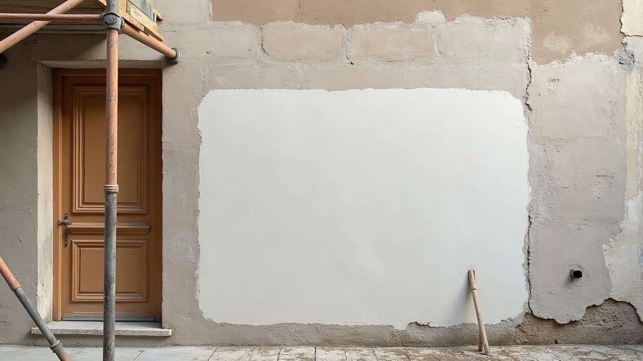 Panneau de mur enduit d'un ocre clair fraîchement taloché, nettement plus vif que l'enduit terni du panneau voisin