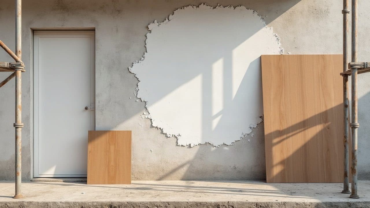 Platelage de bois d'un échafaudage tubulaire et auge de mortier posés contre un mur en cours de reprise d'enduit