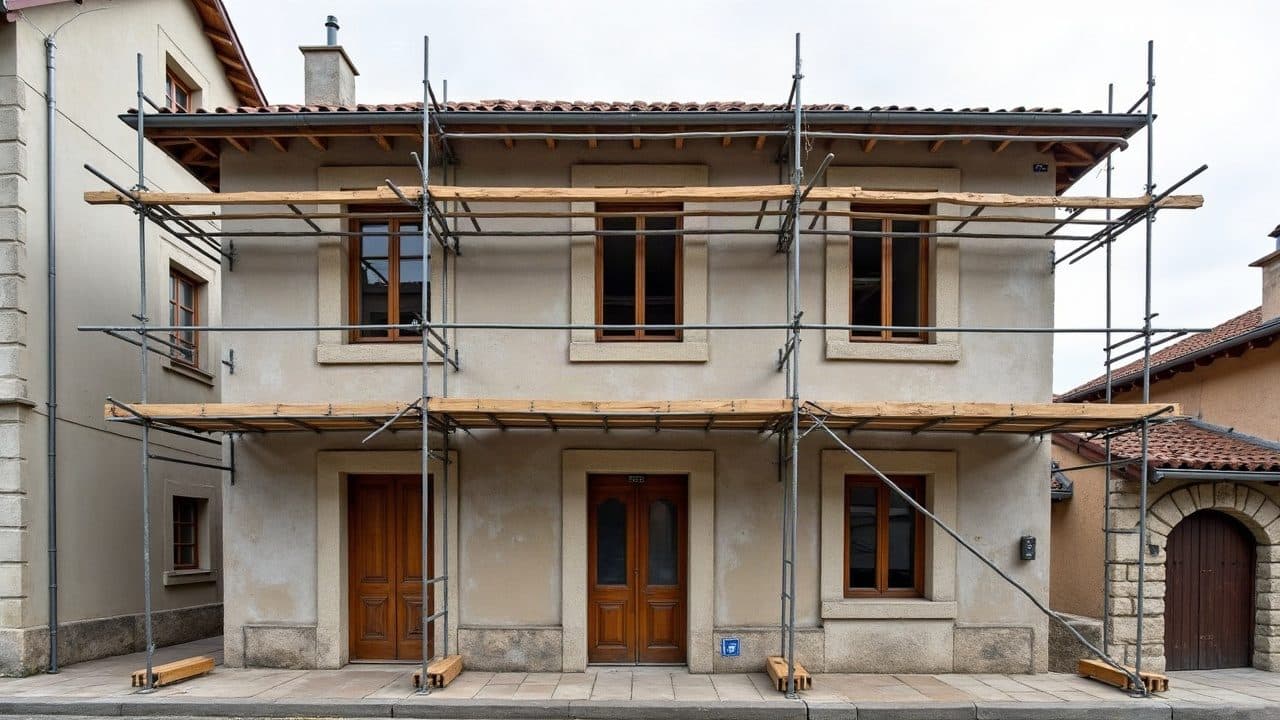 Angle de maison icaunaise, mur enduit encrassé au pied et maçonnerie de pierre calcaire autour d'une fenêtre