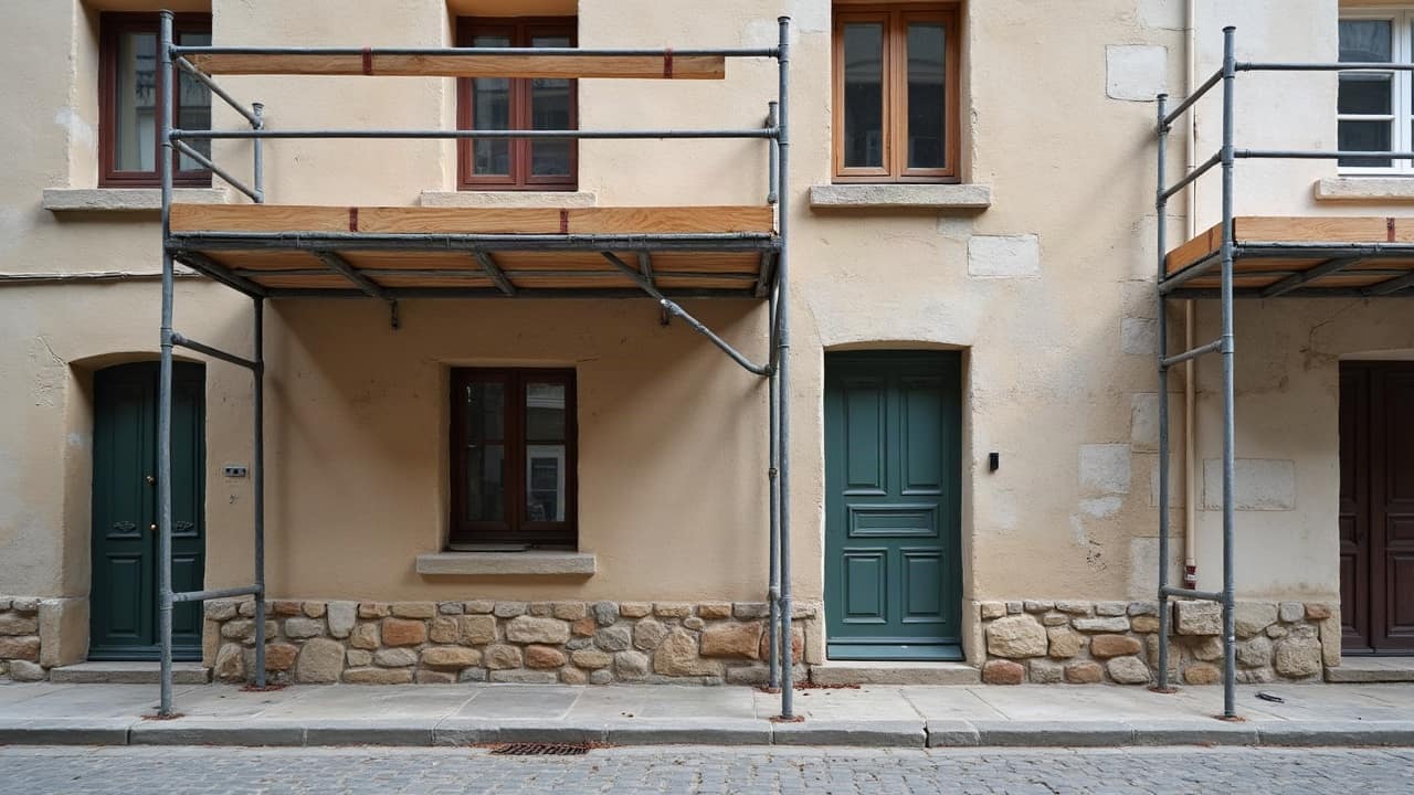 Ruelle pavée du centre ancien menant vers une cathédrale gothique, façades en pierre calcaire de part et d'autre