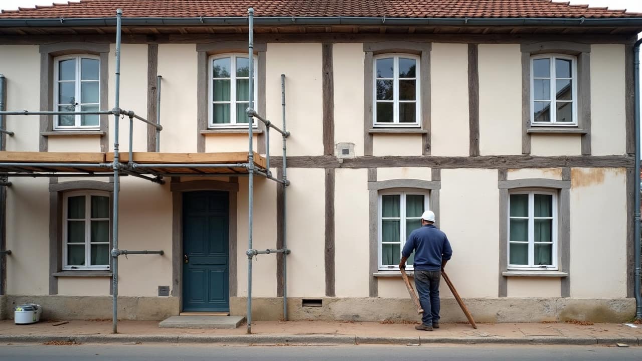 Artisan retirant délicatement une ancienne couche de peinture sur une pièce de colombage à l'aide d'un outil manuel