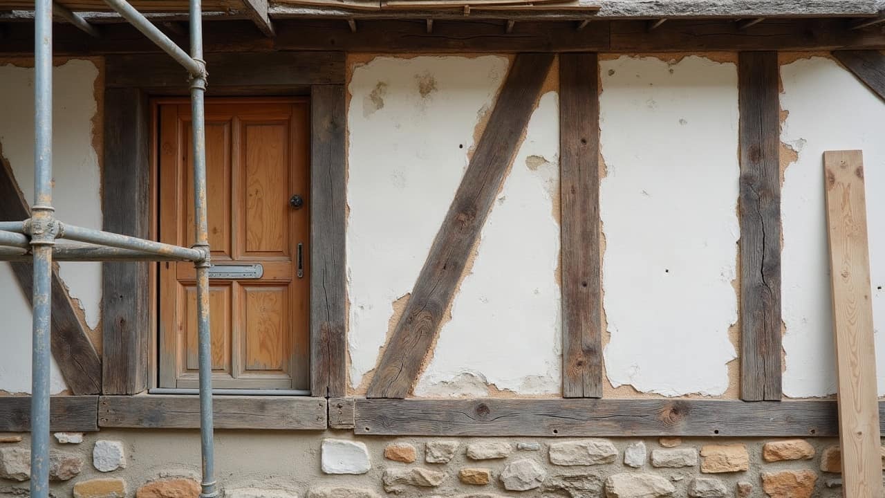 Gros plan sur un panneau de torchis fissuré laissant apparaître le lattis de bois en dessous