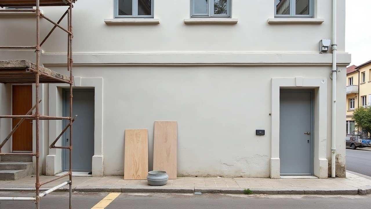 Rue pavillonnaire en périphérie d'une ville de l'Yonne, façades enduites de teintes claires alignées le long de la voirie