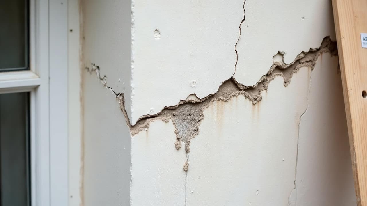 Détail d'une façade enduite en périphérie de ville dont le crépi présente un réseau fin de fissures superficielles