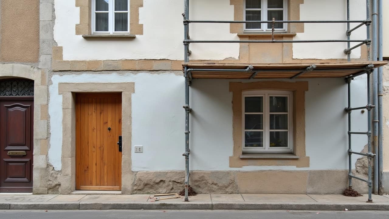 Façade de centre-bourg en cours de ravalement, nuancier de teintes appliqué en essai sur une portion du mur
