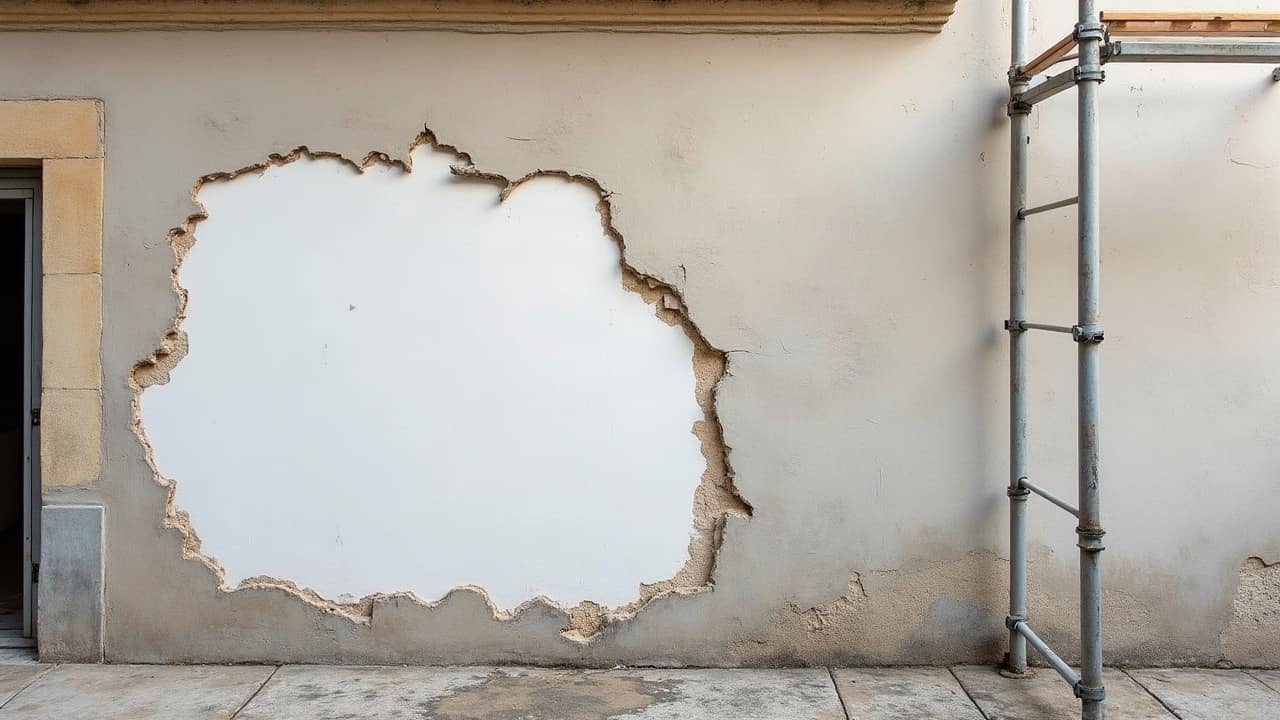 Détail d'un enduit ciment fissuré selon un tracé net sur un mur ancien, contrastant avec la texture poreuse de l'enduit à la chaux voisin