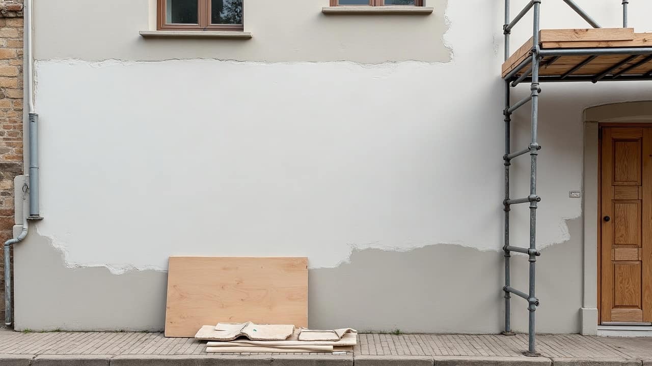 Détail rapproché d'une finition d'enduit grattée révélant les grains du matériau sur une façade de bourg ancien