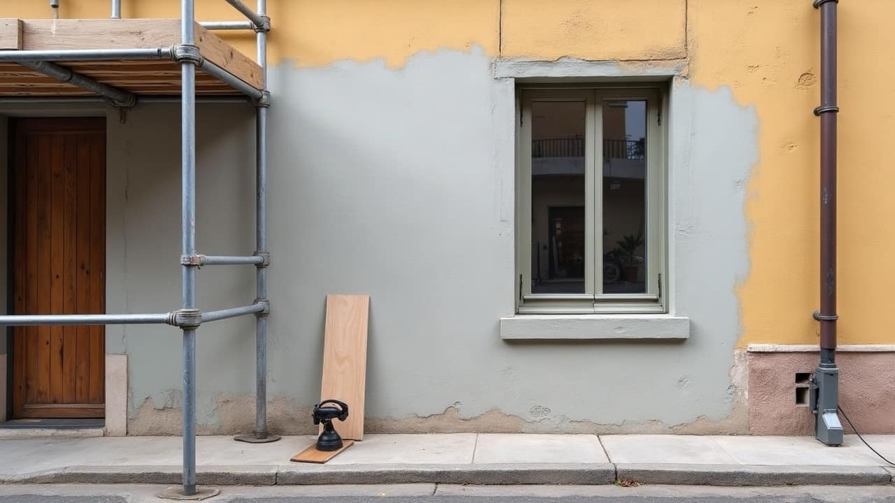 Détail d'un encadrement de fenêtre peint dans une teinte contrastée sur une façade urbaine bicolore du centre de Sens