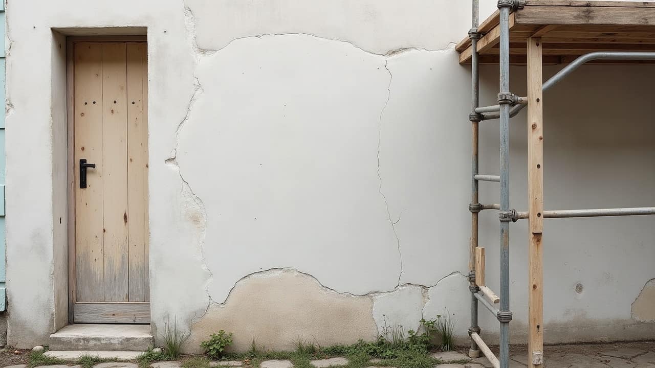 Angle extérieur d'une maison de bourg ancien de Villeneuve-sur-Yonne avec une fissure verticale marquée depuis le soubassement jusqu'à la corniche