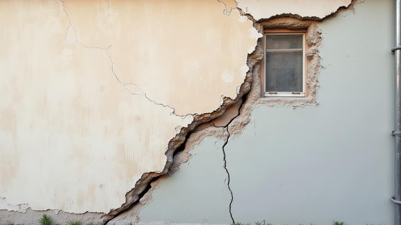 Fissure diagonale caractéristique partant de l'angle supérieur d'un encadrement de fenêtre sur une façade ancienne du centre de Sens