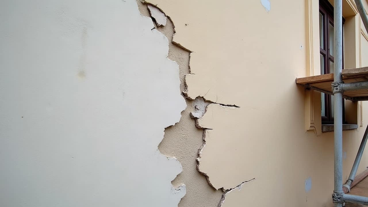 Fissure oblique partant de l'angle supérieur d'un encadrement de fenêtre sur une façade en centre-ville