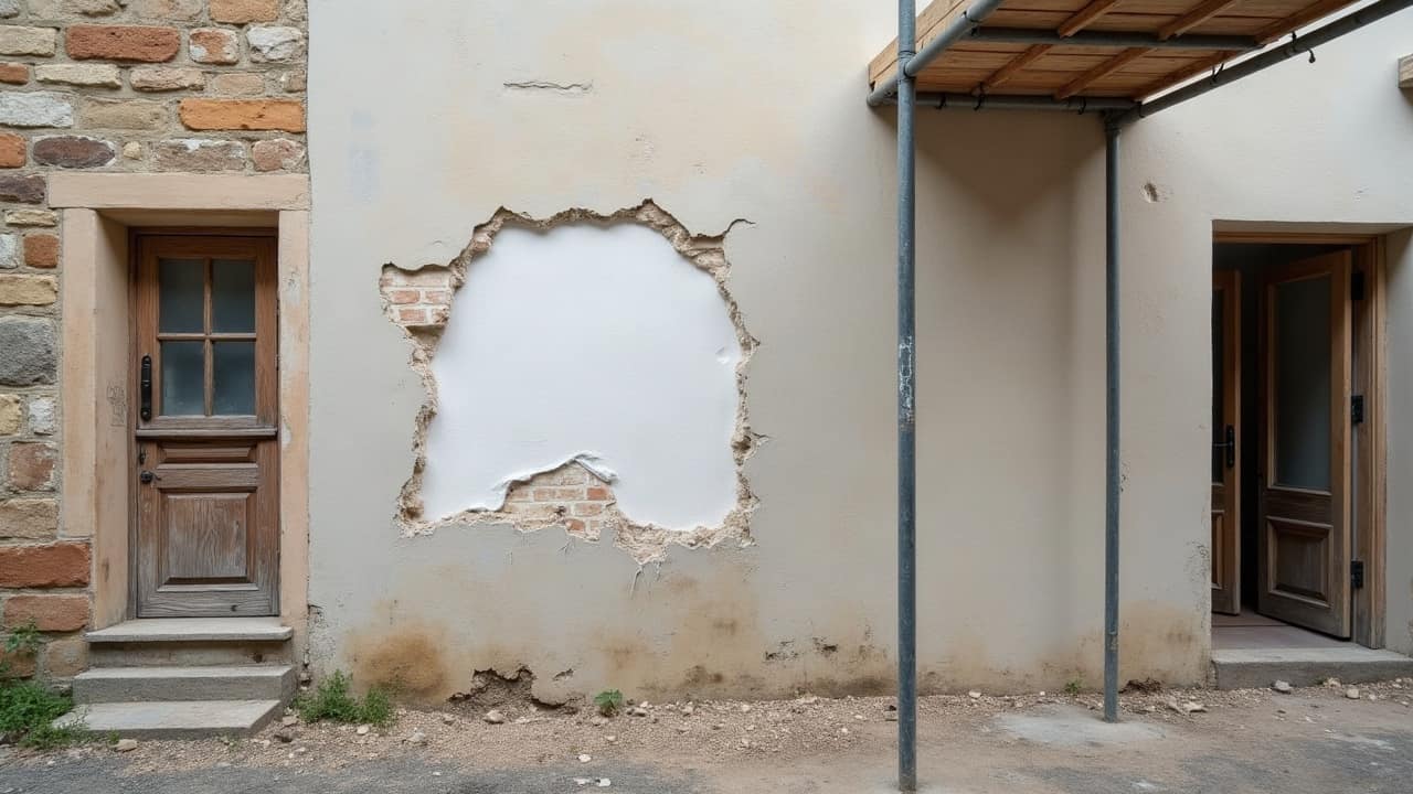 Vue depuis une cour intérieure d'un mur mitoyen ancien en pierre entre deux maisons du centre historique, fissure verticale visible sur toute la hauteur