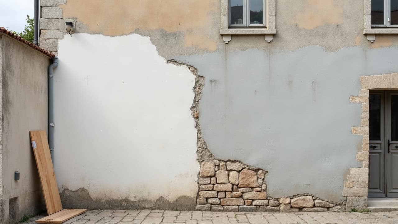 Fissure de façade réapparue nettement à l'endroit exact d'un rebouchage antérieur, matériau de comblement fissuré à son tour
