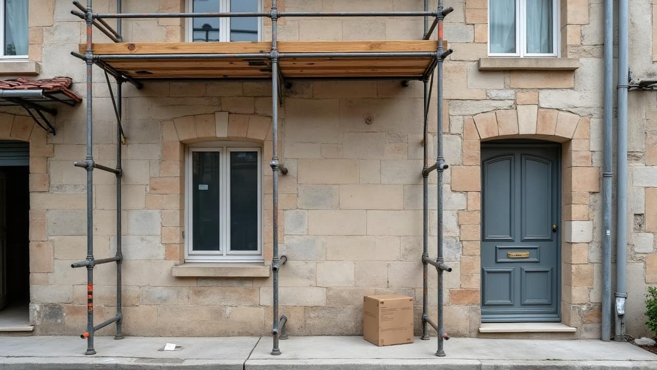 Détail d'un mur en pierre calcaire claire d'une ruelle de bourg viticole, texture poreuse visible en gros plan