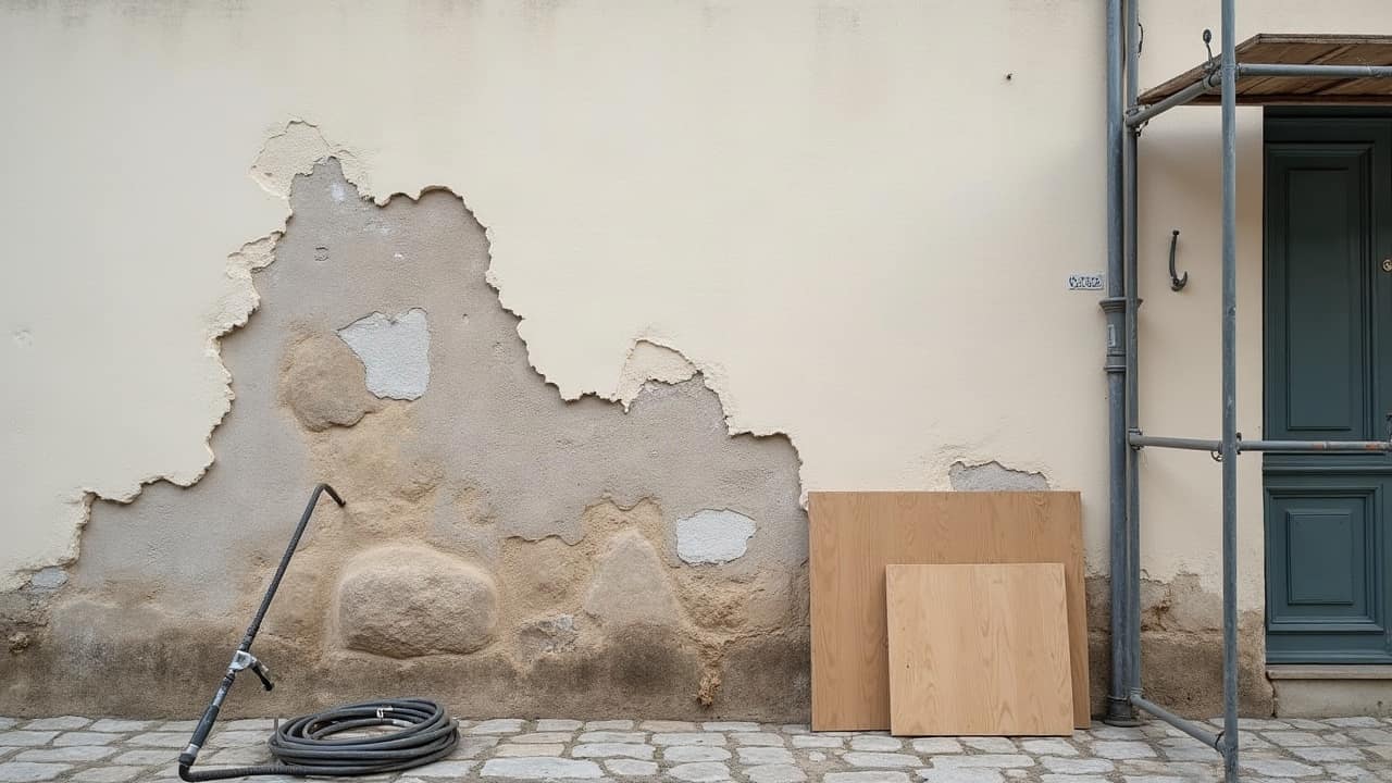 Angle d'une venelle étroite de Joigny où le pied de mur en pierre présente un développement localisé de mousse dans l'ombre permanente