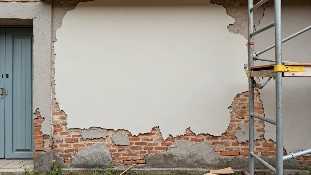 Façade de bourg en fond de vallée dont une section basse reste plus sombre et humide que le reste du mur après une pluie