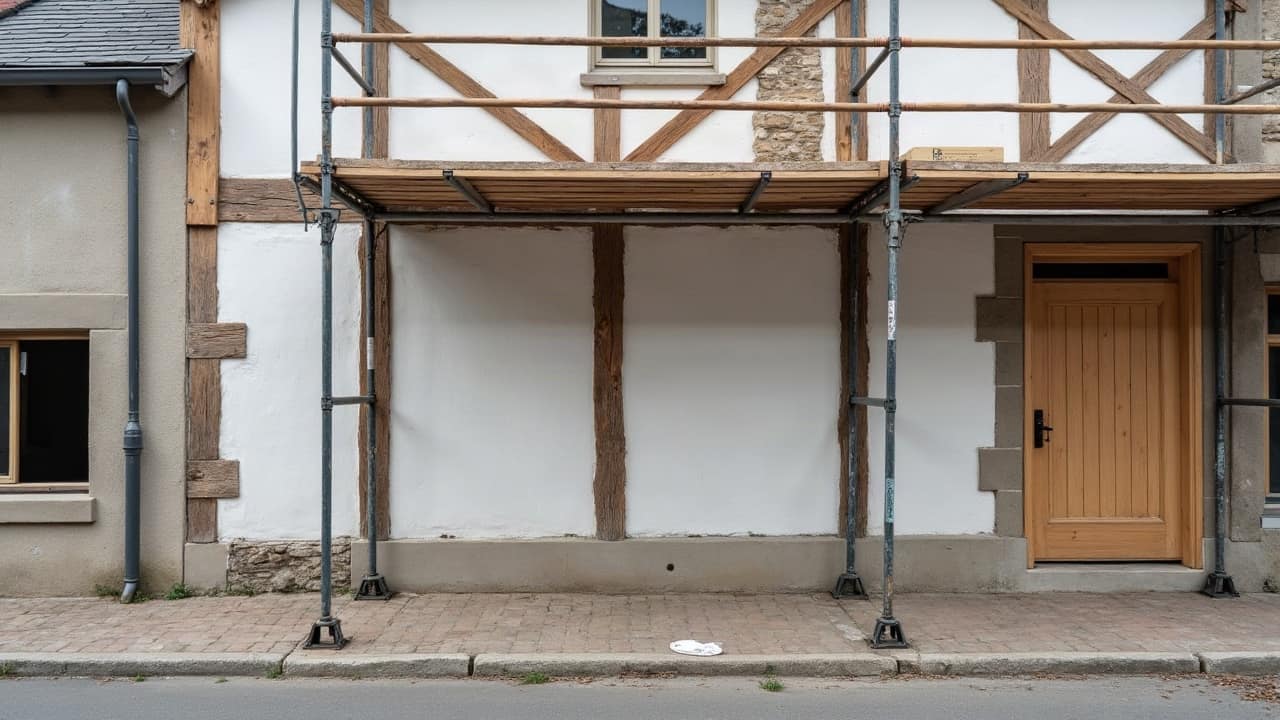 Détail de la jonction entre un rez-de-chaussée en pierre calcaire et un étage à pans de bois sur une façade ancienne de Joigny