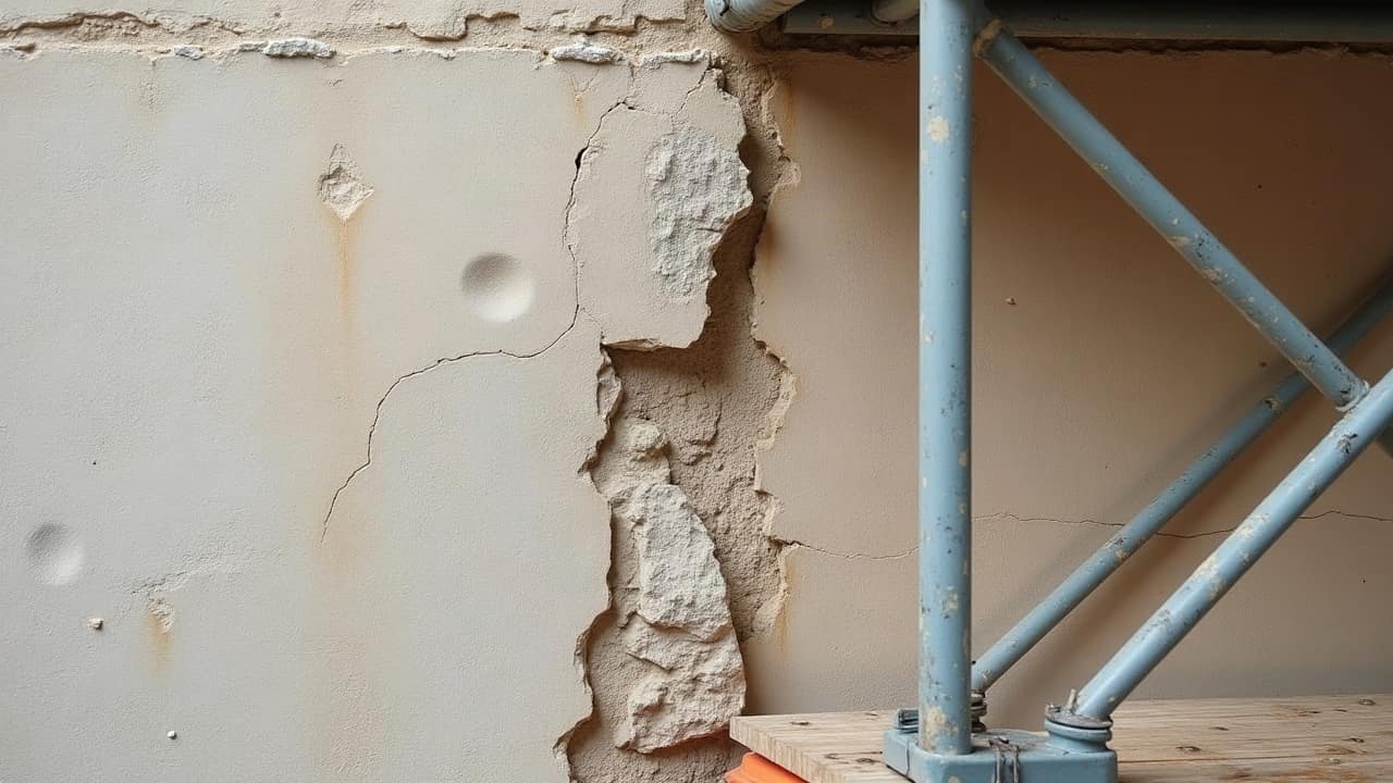 Détail d'un moellon calcaire dont la surface s'effrite légèrement au toucher, à côté d'un joint de mortier érodé