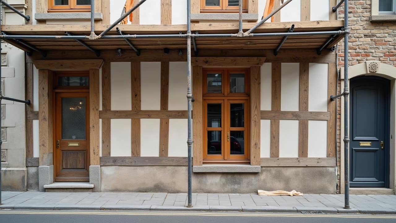 Extrémité d'une poutre de pan de bois en façade montrant une zone de bois ramolli près d'un assemblage exposé
