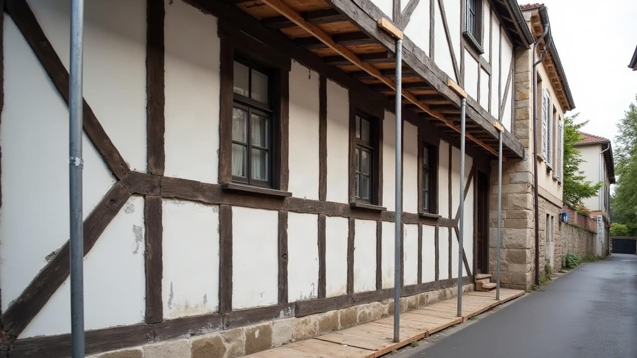 Rue ancienne bordée de façades en pierre et à colombages bien entretenues, sous une lumière d'après-midi